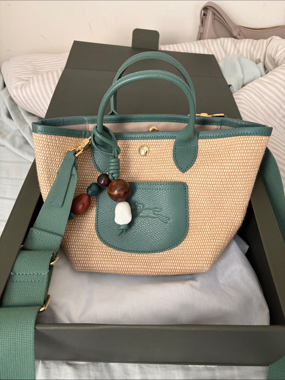 Longchamp Green Trim Woven Straw Crossbody Tote with Bead Charm - Picture 9 of 13